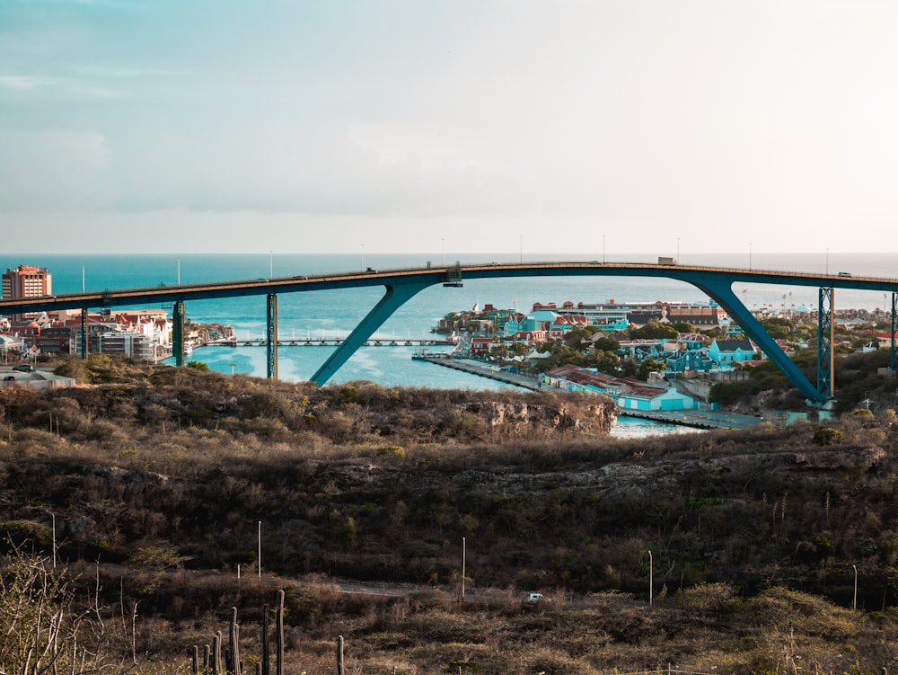 a bridge over a river with a city in the background