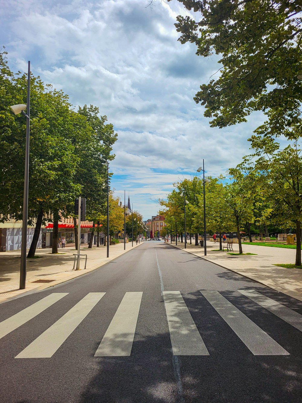 a street with a crosswalk and trees on both sides