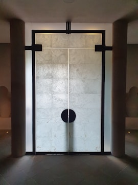 Modern custom door installed in a stylish home entrance with sleek black frame.
