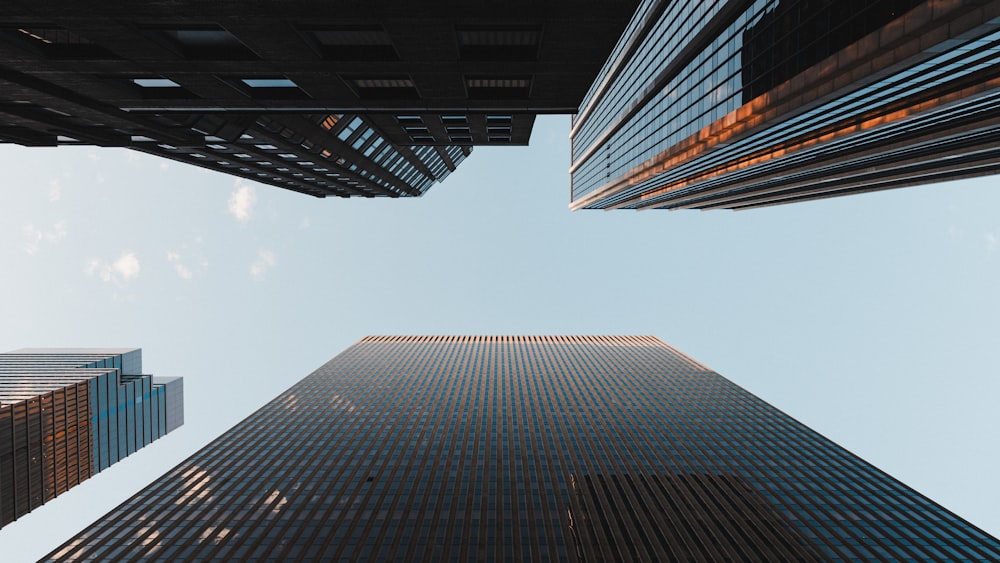 looking up at skyscrapers from ground level