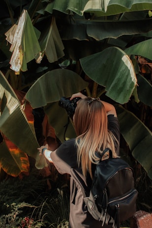 A person with long hair and a black backpack is taking a photograph using a camera, surrounded by large, lush green tropical leaves. Sunlight is filtering through the leaves, creating patches of light and shadow.