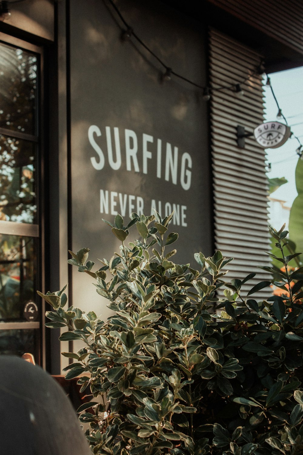 Un edificio con un cartello che dice Surfing Never Alone
