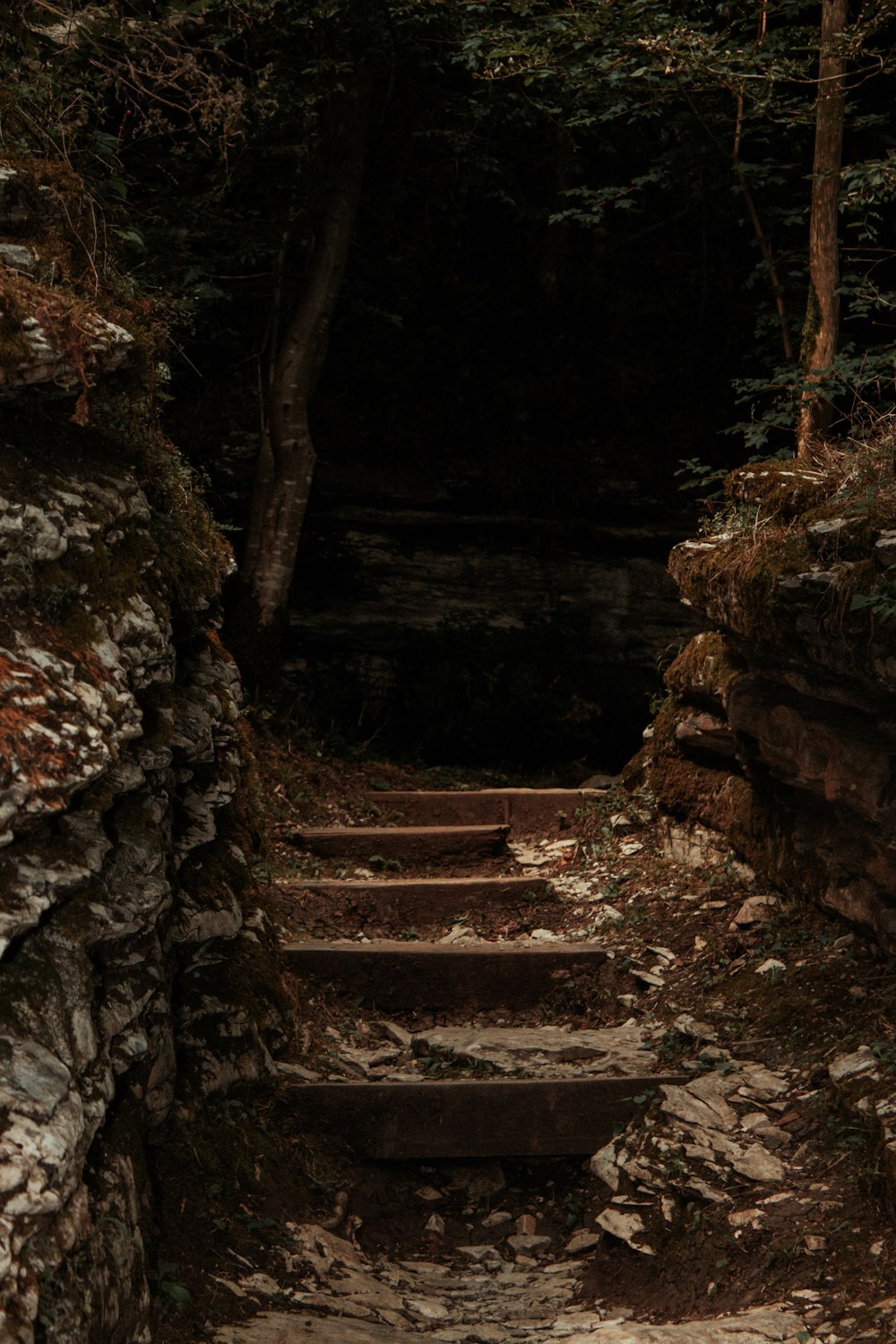 a set of steps leading up to a cave