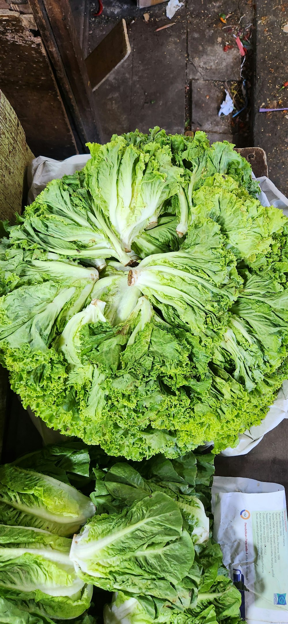 a pile of green lettuce sitting on top of a table