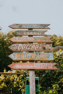 Multiple rustic wooden signposts with painted text and decorations point in different directions against a backdrop of trees. The signs include various colors and fonts, adding a quirky and artistic touch to the natural setting.