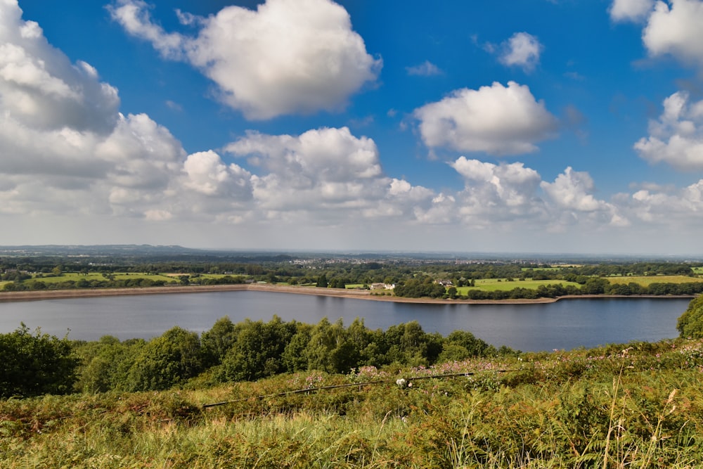 a large body of water surrounded by a lush green field