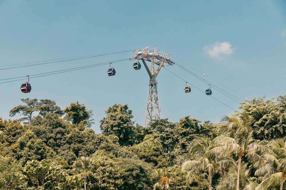 a group of people riding a ski lift over trees