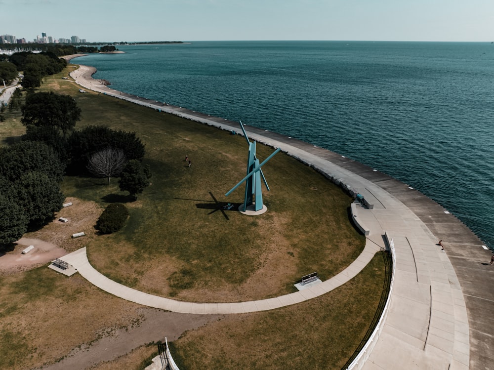 an aerial view of a large body of water