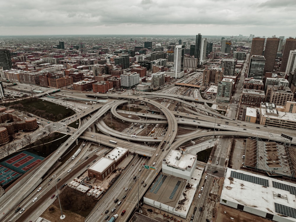 an aerial view of a busy city intersection