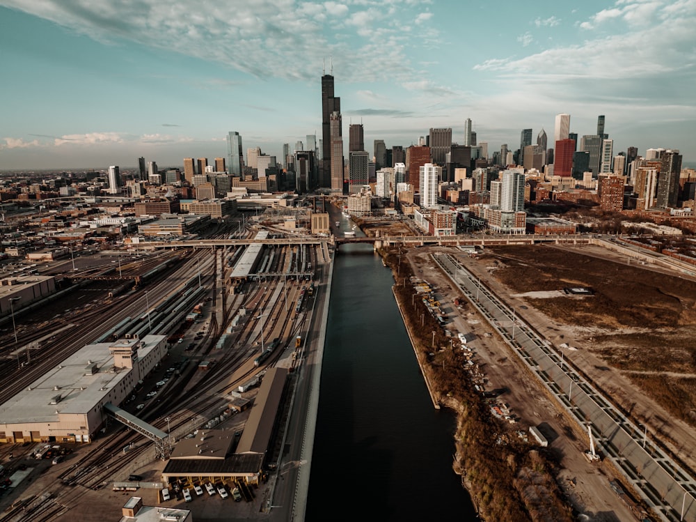 an aerial view of a city with a river running through it