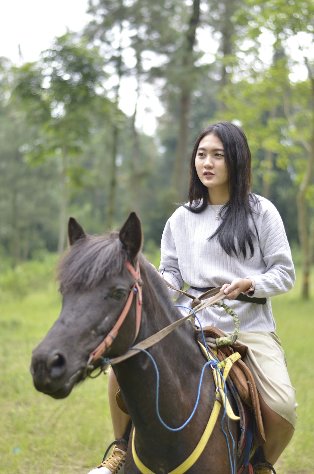 a woman riding on the back of a brown horse