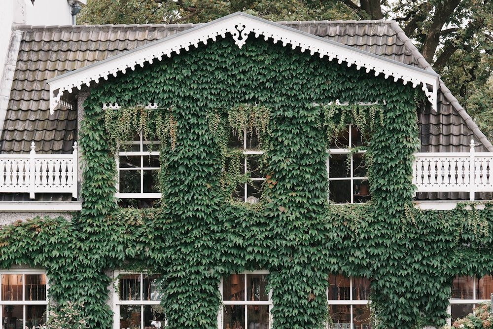 a house covered in vines with a clock on the front of it