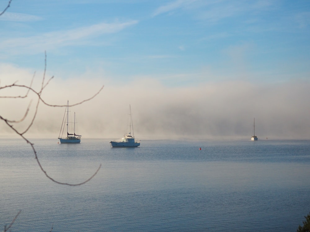 a group of boats floating on top of a large body of water