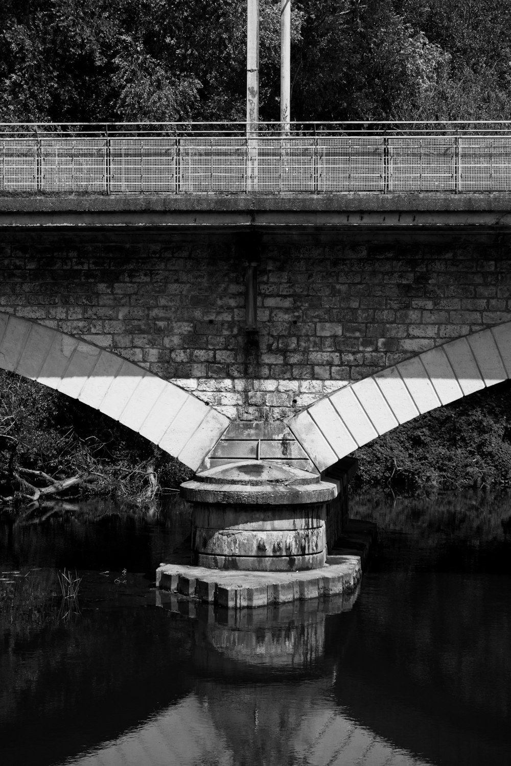 a black and white photo of a bridge over a river