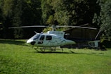 A white helicopter is parked on a grassy field with dense green trees and a wooden cabin in the background. The rotor blades are stationary, and the helicopter bears a logo and registration markings on the side.