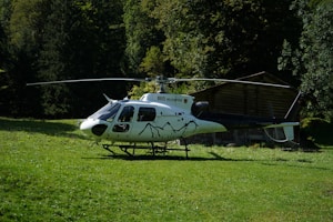 A white helicopter is parked on a grassy field with dense green trees and a wooden cabin in the background. The rotor blades are stationary, and the helicopter bears a logo and registration markings on the side.