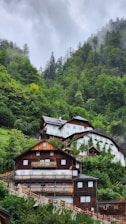 A charming village nestled in lush green mountains, featuring wooden houses with balconies adorned with flowers. The scene is serene with mist rising from the dense forest, creating a peaceful and idyllic atmosphere.