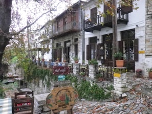 A cozy scene from a travel vlog video showcasing a quaint café in a small town