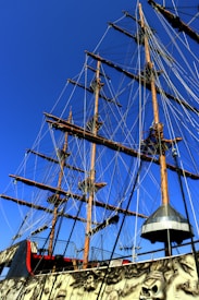 Tall ship masts with numerous ropes and rigging against a clear blue sky. The ship has a decorative exterior with a pirate theme, featuring intricate details like skulls.