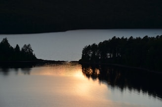A serene sunrise over a calm lake reflecting soft golden light.