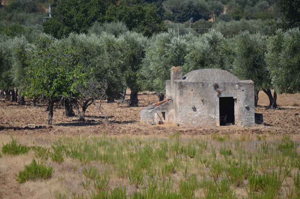 an old building in the middle of a field