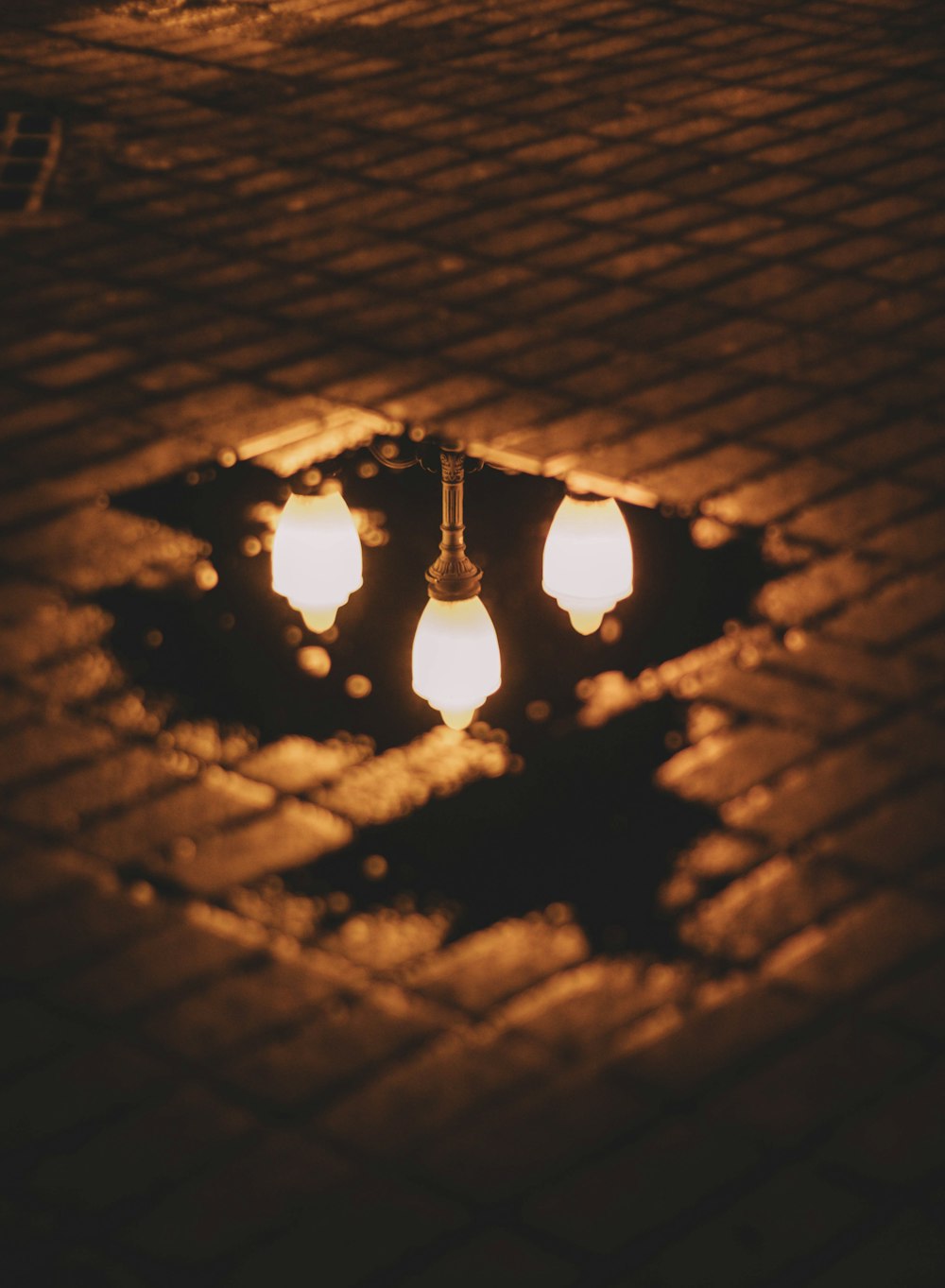 a street light reflecting off of a puddle of water