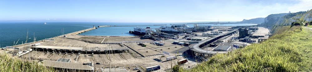 an aerial view of a large ship dock