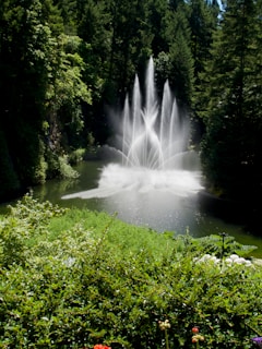 A serene water fountain gently flowing in a peaceful garden setting.