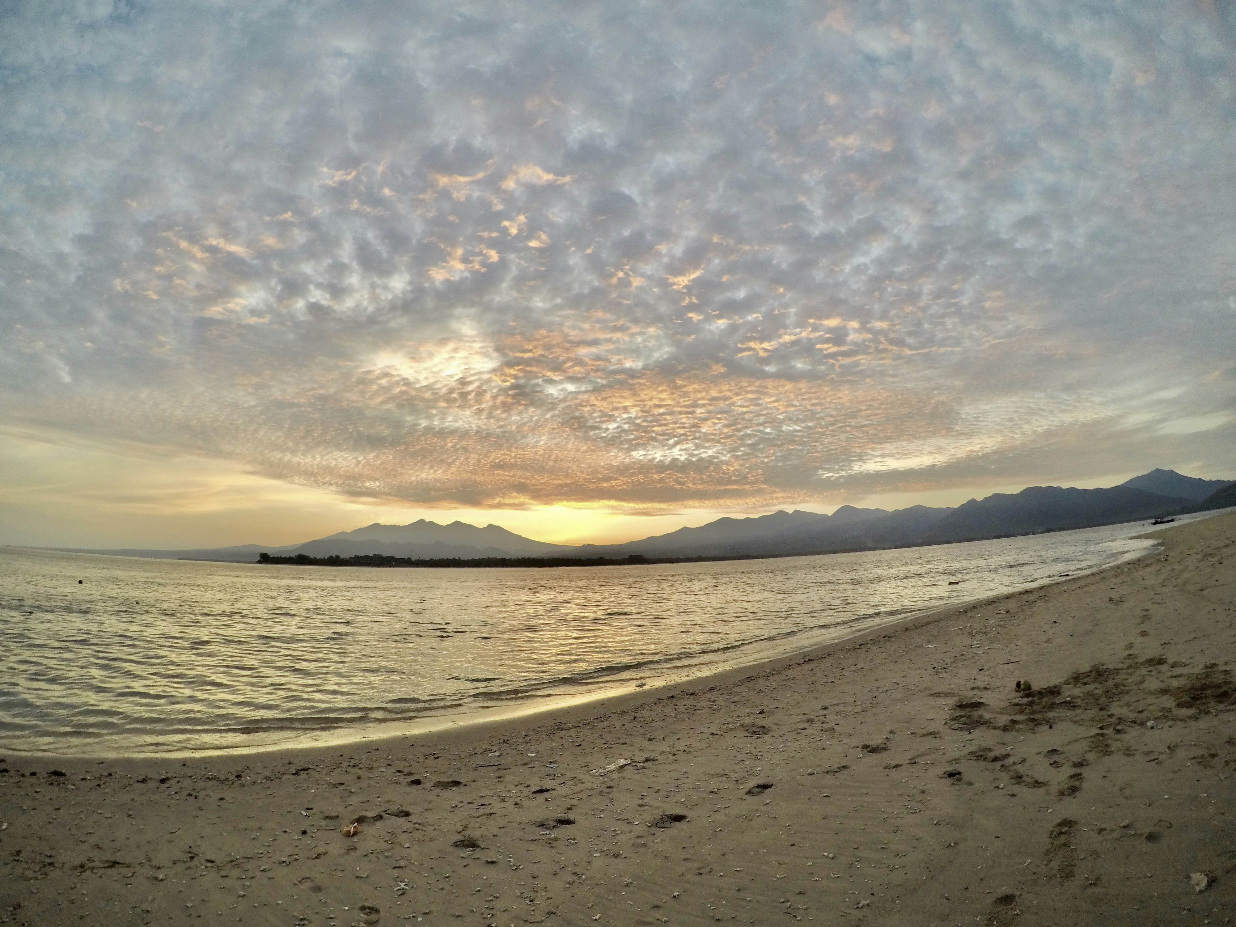 a beach with a body of water under a cloudy sky