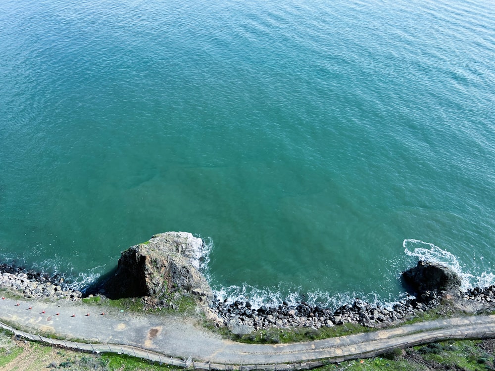 an aerial view of a body of water