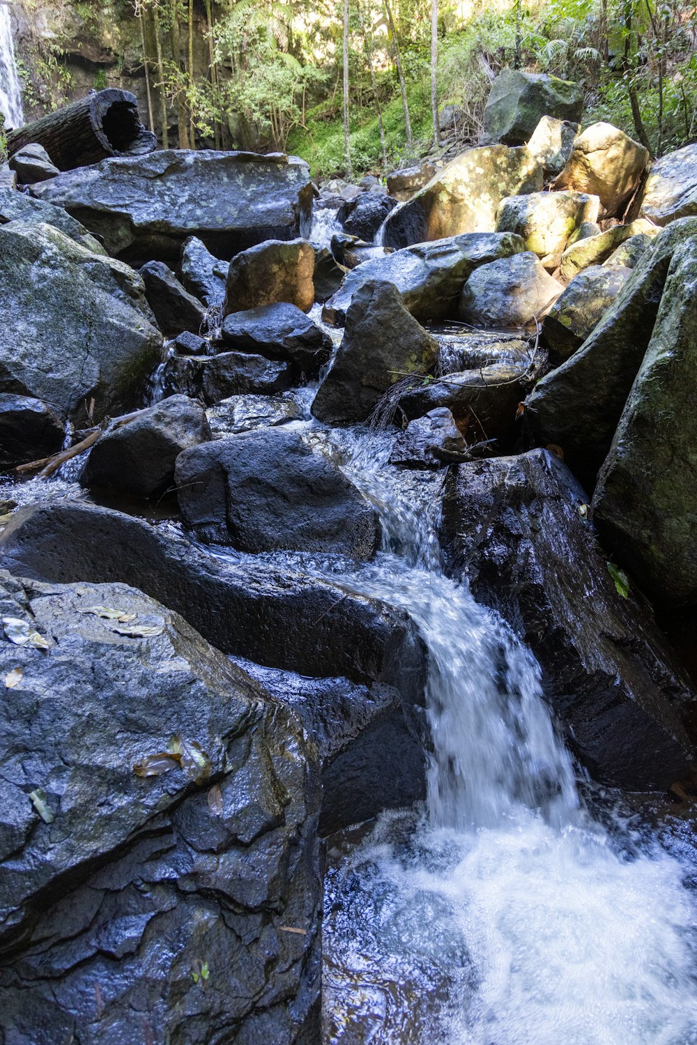 a stream of water running between large rocks