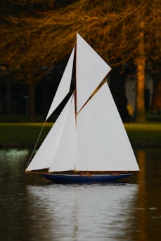 A small sailboat with crisp white sails is floating on calm water. The background features tall trees with autumn colors, reflecting slightly on the water's surface.