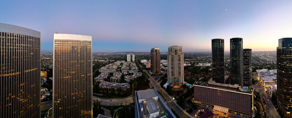 an aerial view of a city with skyscrapers