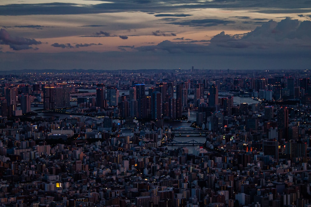 a view of a city at night from a tall building