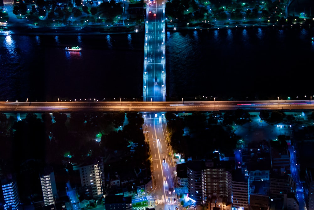 an aerial view of a city at night