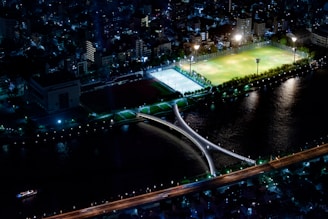 An aerial night view of a cityscape featuring a well-lit sports complex with green fields and a blue-lit sports court, surrounded by urban buildings. A distinctive bridge crosses a river that reflects the lights from the surrounding structures.