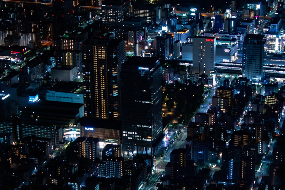 an aerial view of a city at night