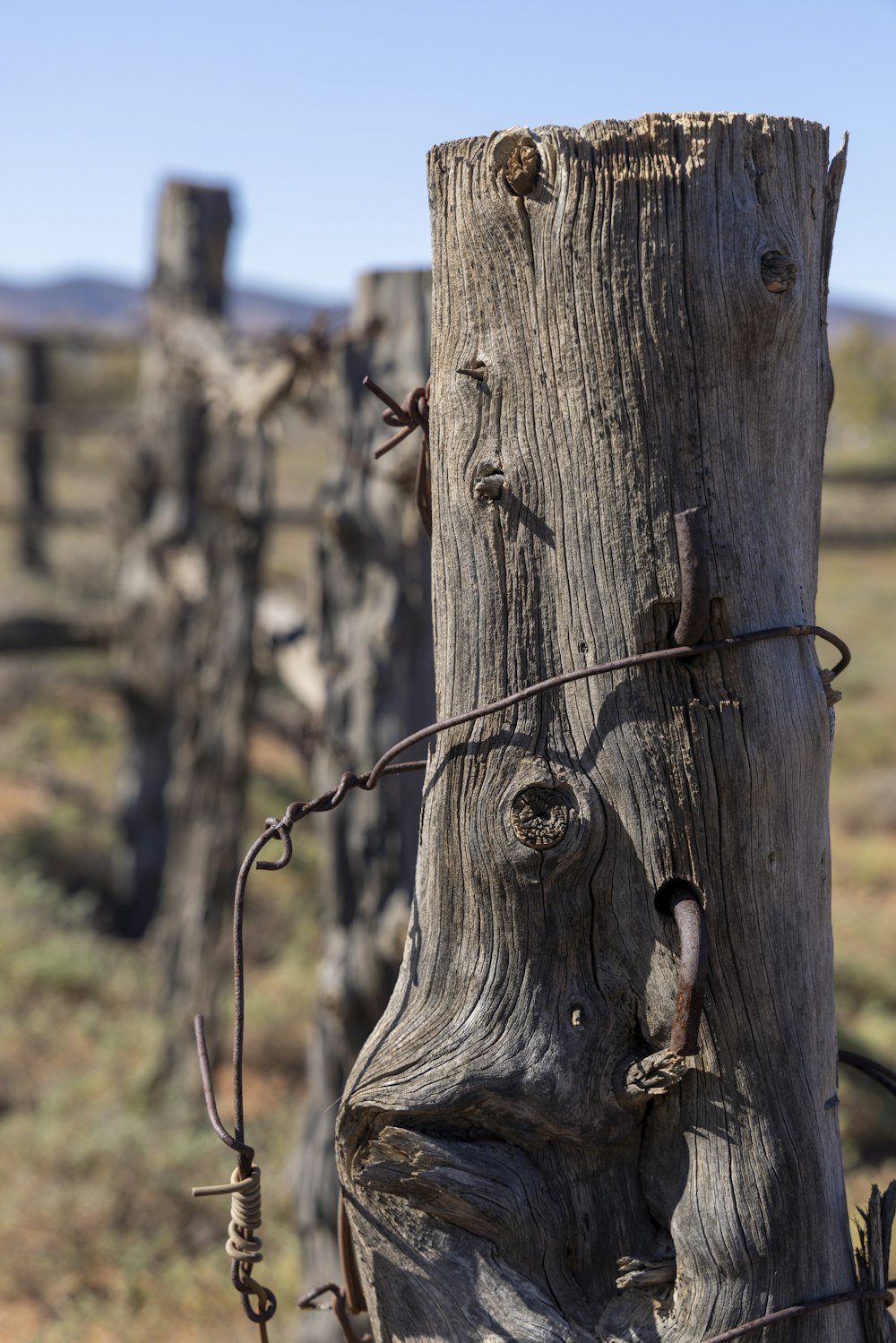 a wooden post with barbed wire around it