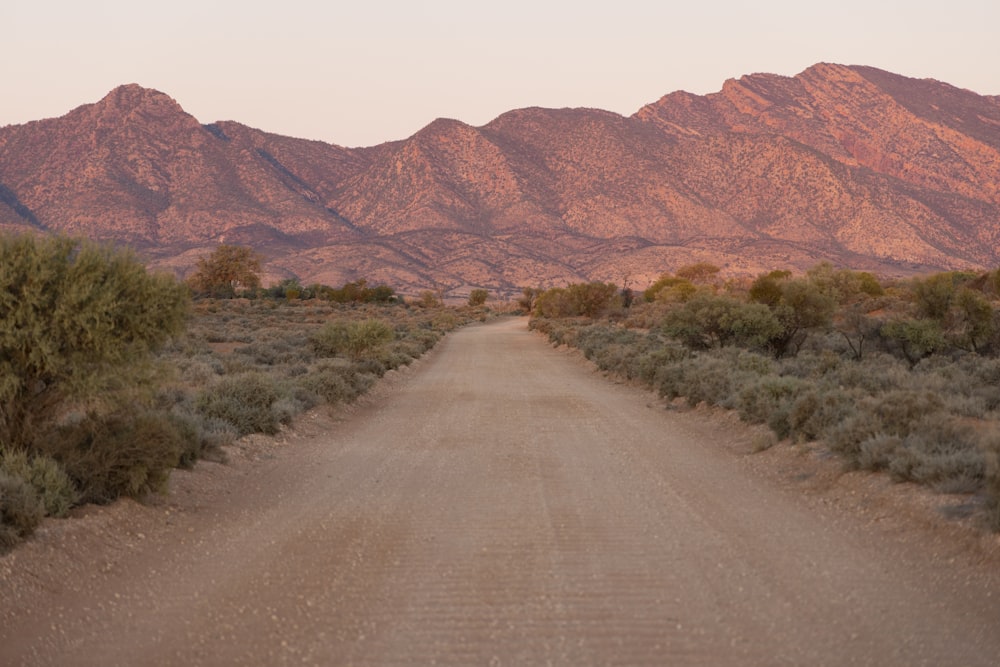 a dirt road with mountains in the background