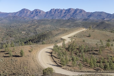 A winding dirt road cutting through the rugged landscapes around Windhoek.