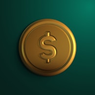 A gold-colored coin featuring a prominent dollar sign sits against a textured dark green background. The coin is centrally located, with a slight shadow casting to the right, giving it a three-dimensional effect.