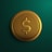 A gold-colored coin featuring a prominent dollar sign sits against a textured dark green background. The coin is centrally located, with a slight shadow casting to the right, giving it a three-dimensional effect.
