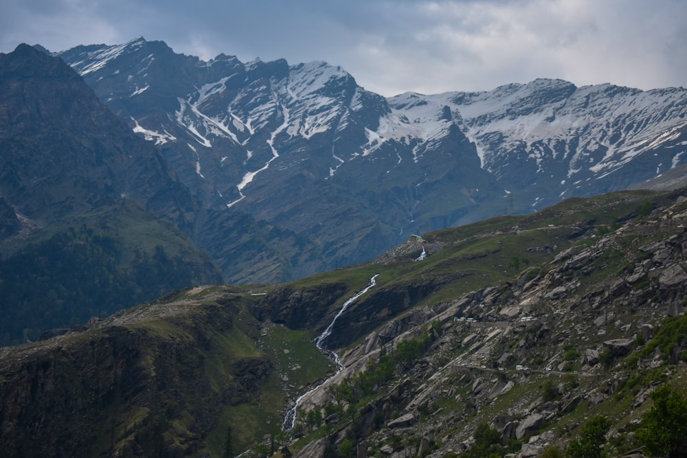 a mountain range with a stream running through it