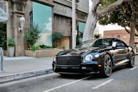 Elegant black SUV parked beside a quiet tree-lined street on a sunny day.