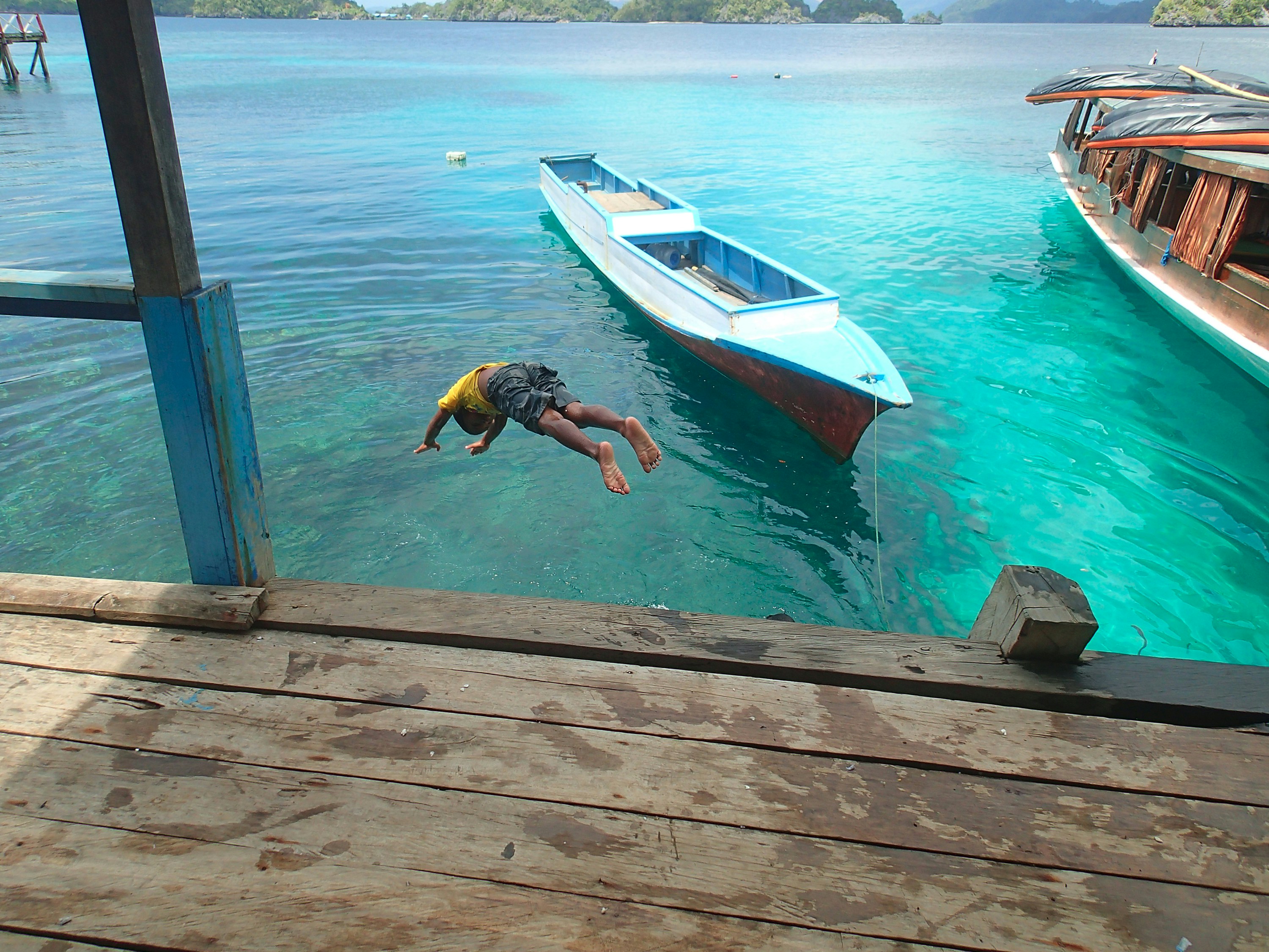 a man diving into the water from a dock