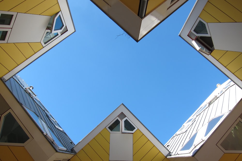 a view looking up at the sky from a building