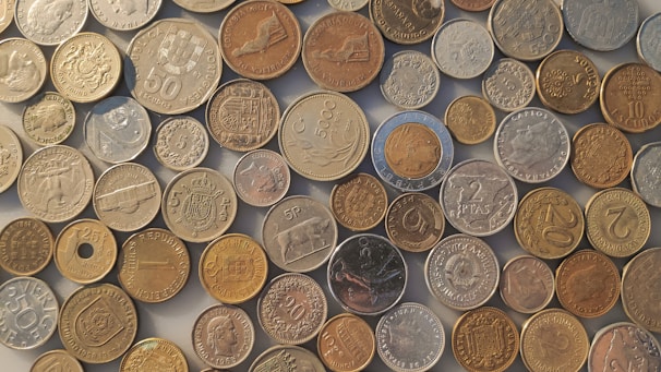 A display case filled with collectible coins from around the world.
