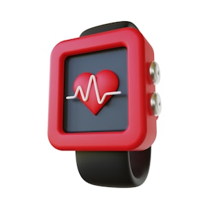 A digital smartwatch with a prominent red frame displays a heart symbol with a white electrocardiogram line on its screen. The watch also features a black band and metallic buttons on the side, giving it a modern and sleek appearance.