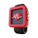 A digital smartwatch with a prominent red frame displays a heart symbol with a white electrocardiogram line on its screen. The watch also features a black band and metallic buttons on the side, giving it a modern and sleek appearance.