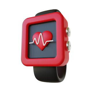 A digital smartwatch with a prominent red frame displays a heart symbol with a white electrocardiogram line on its screen. The watch also features a black band and metallic buttons on the side, giving it a modern and sleek appearance.